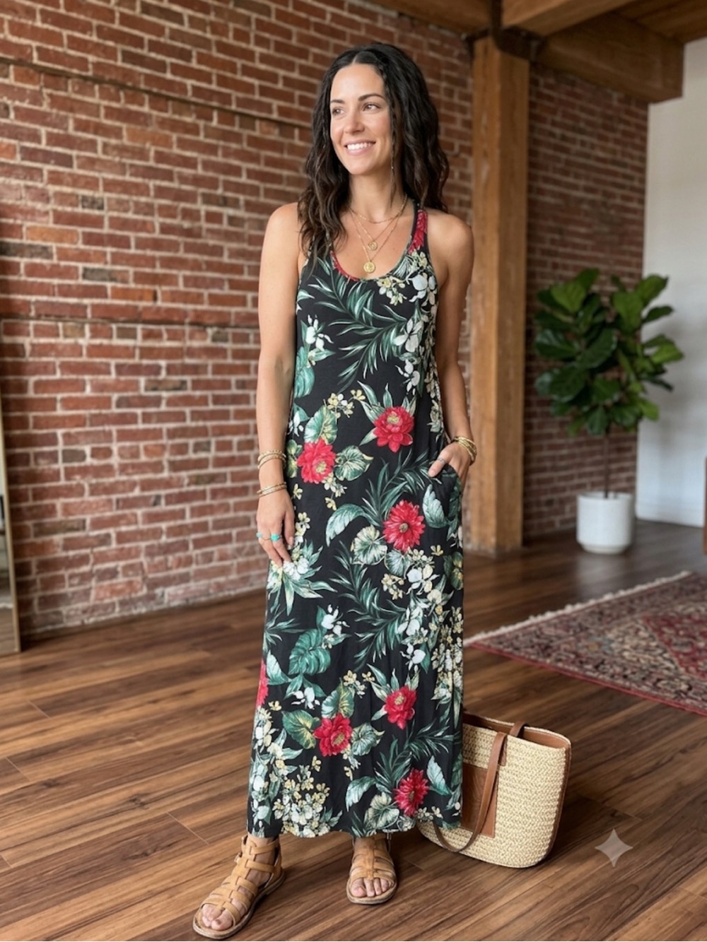 Denim & Supply Ralph Lauren Tropical Hawaiian Floral Racerback Maxi Tank Dress S